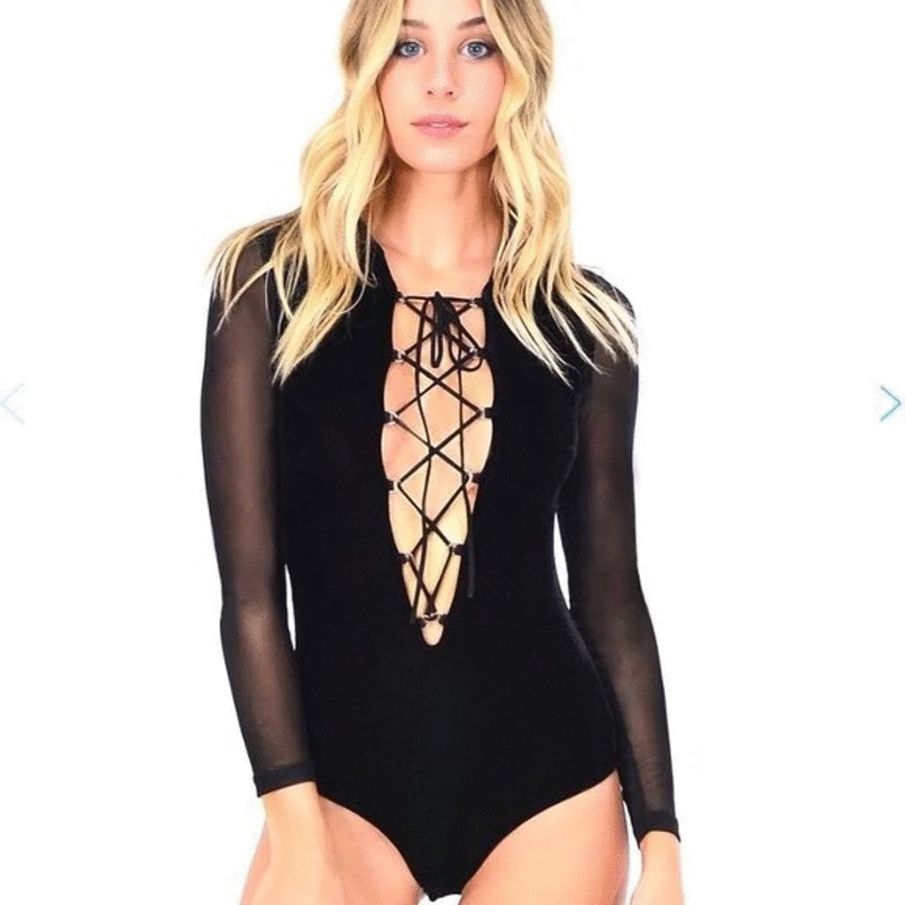 NWT - iHeartRaves Lace me up hooded velvet bodysuit